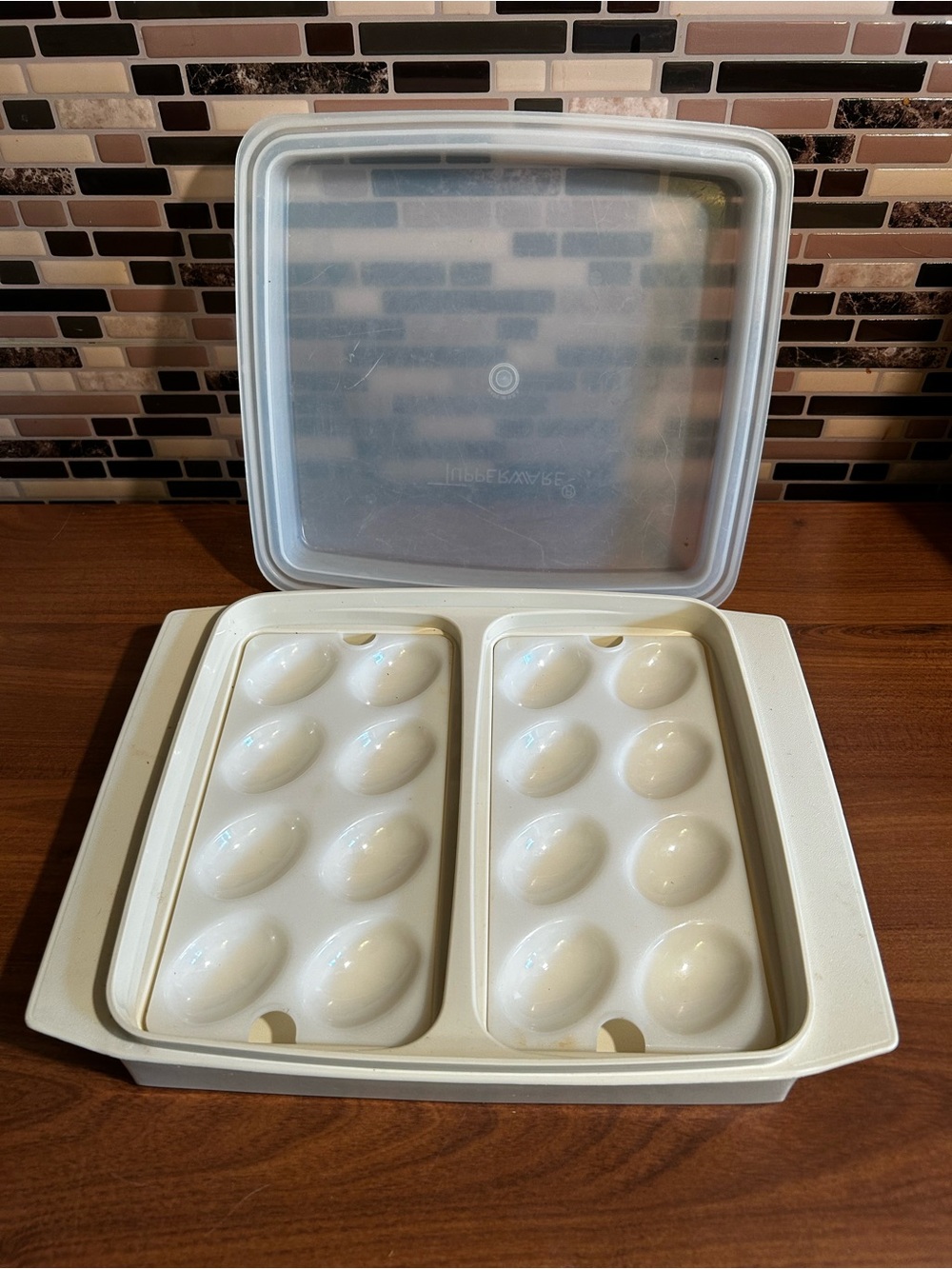 Vintage Tupperware Deviled Egg Carrier with Removable Trays - Tan/Clear